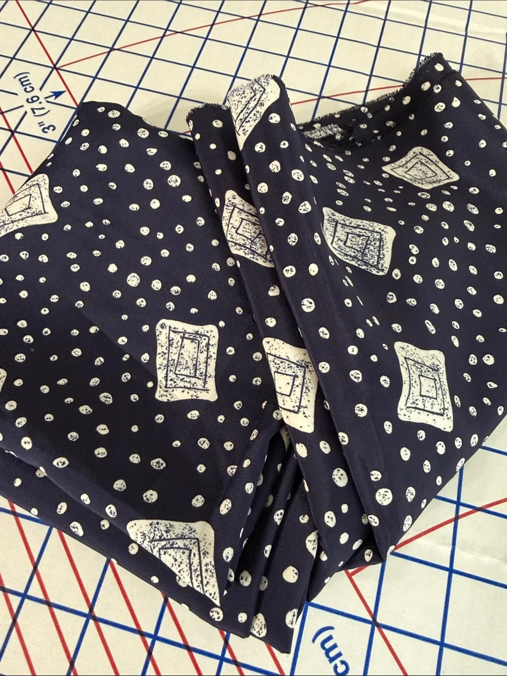 Vintage 1970s 80s Dark Navy Cream Abstract Dot Geometric Fabric 2.5 Yards x 44”